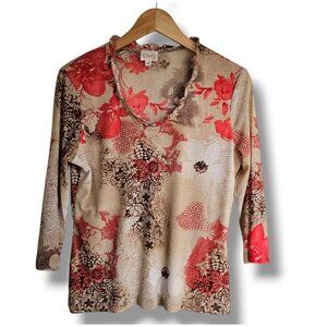 Y2K Cleo Floral Top Mesh Beige Red Ruffled 3/4 Sleeves Size M Valentines Day